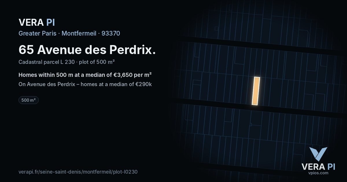 65 Avenue des Perdrix, Montfermeil at night – the plot lit, the parcels around coloured by the prices near them