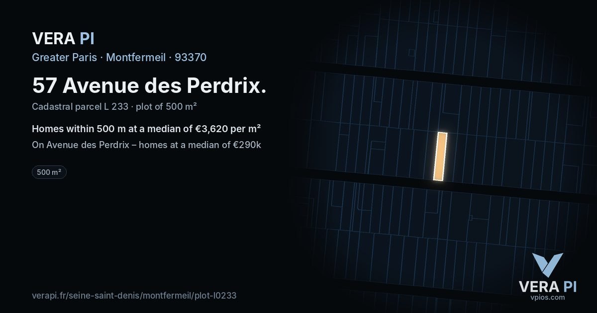 57 Avenue des Perdrix, Montfermeil at night – the plot lit, the parcels around coloured by the prices near them