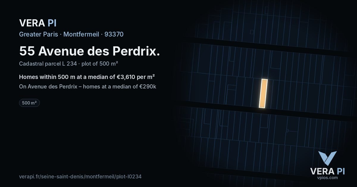 55 Avenue des Perdrix, Montfermeil at night – the plot lit, the parcels around coloured by the prices near them