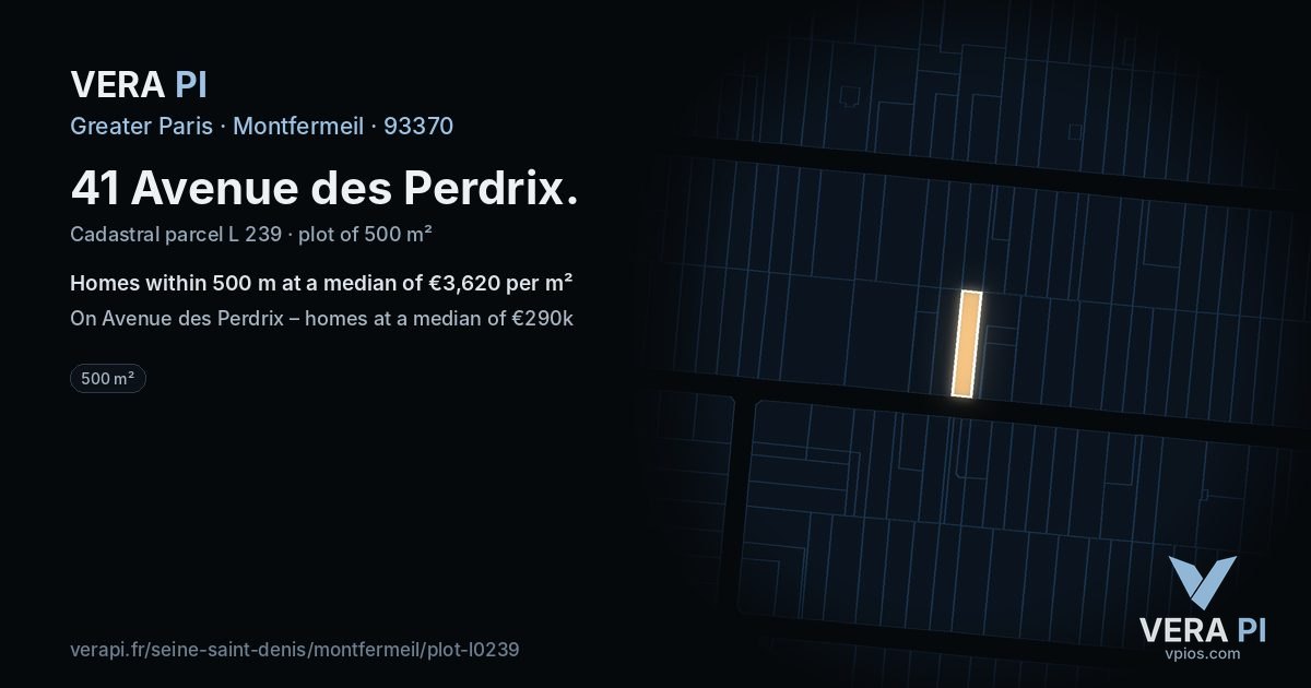41 Avenue des Perdrix, Montfermeil at night – the plot lit, the parcels around coloured by the prices near them