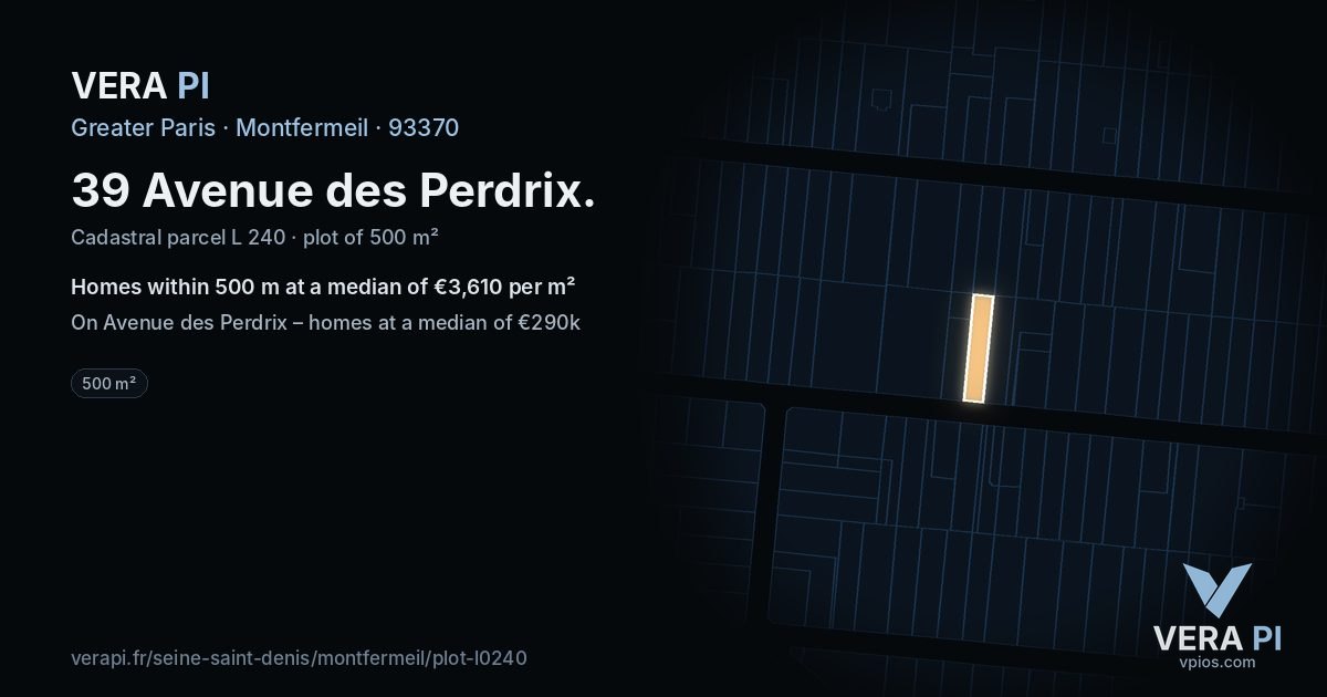 39 Avenue des Perdrix, Montfermeil at night – the plot lit, the parcels around coloured by the prices near them