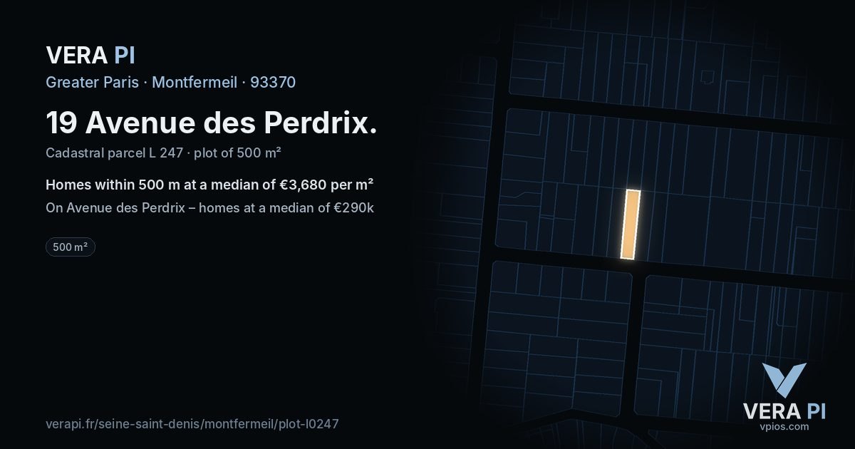 19 Avenue des Perdrix, Montfermeil at night – the plot lit, the parcels around coloured by the prices near them
