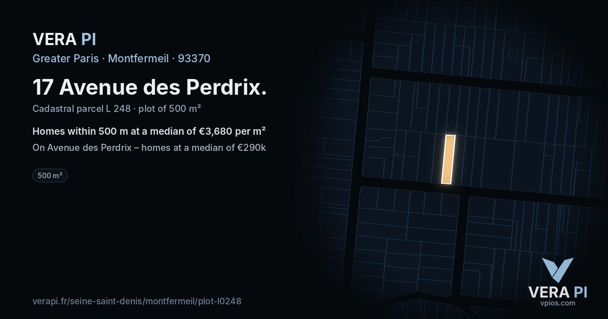 17 Avenue des Perdrix, Montfermeil at night – the plot lit, the parcels around coloured by the prices near them
