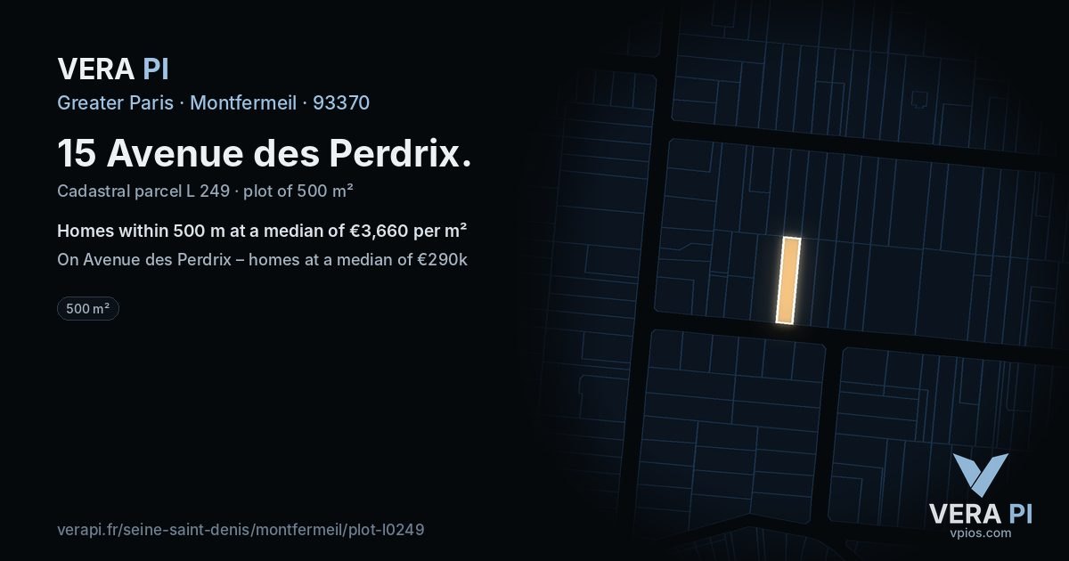 15 Avenue des Perdrix, Montfermeil at night – the plot lit, the parcels around coloured by the prices near them