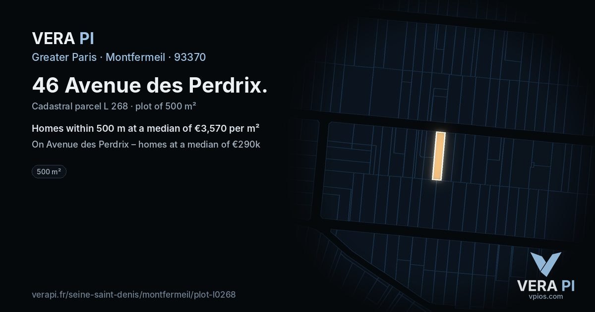 46 Avenue des Perdrix, Montfermeil at night – the plot lit, the parcels around coloured by the prices near them