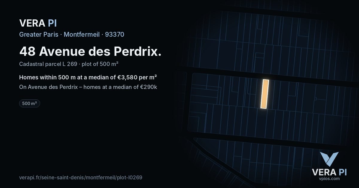 48 Avenue des Perdrix, Montfermeil at night – the plot lit, the parcels around coloured by the prices near them