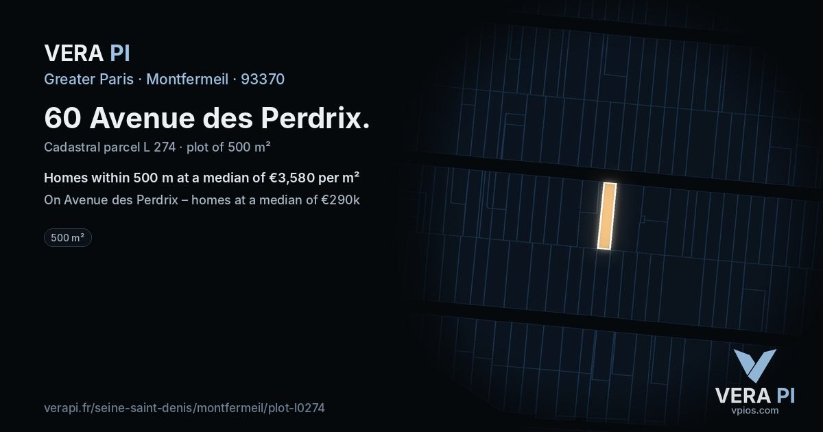 60 Avenue des Perdrix, Montfermeil at night – the plot lit, the parcels around coloured by the prices near them