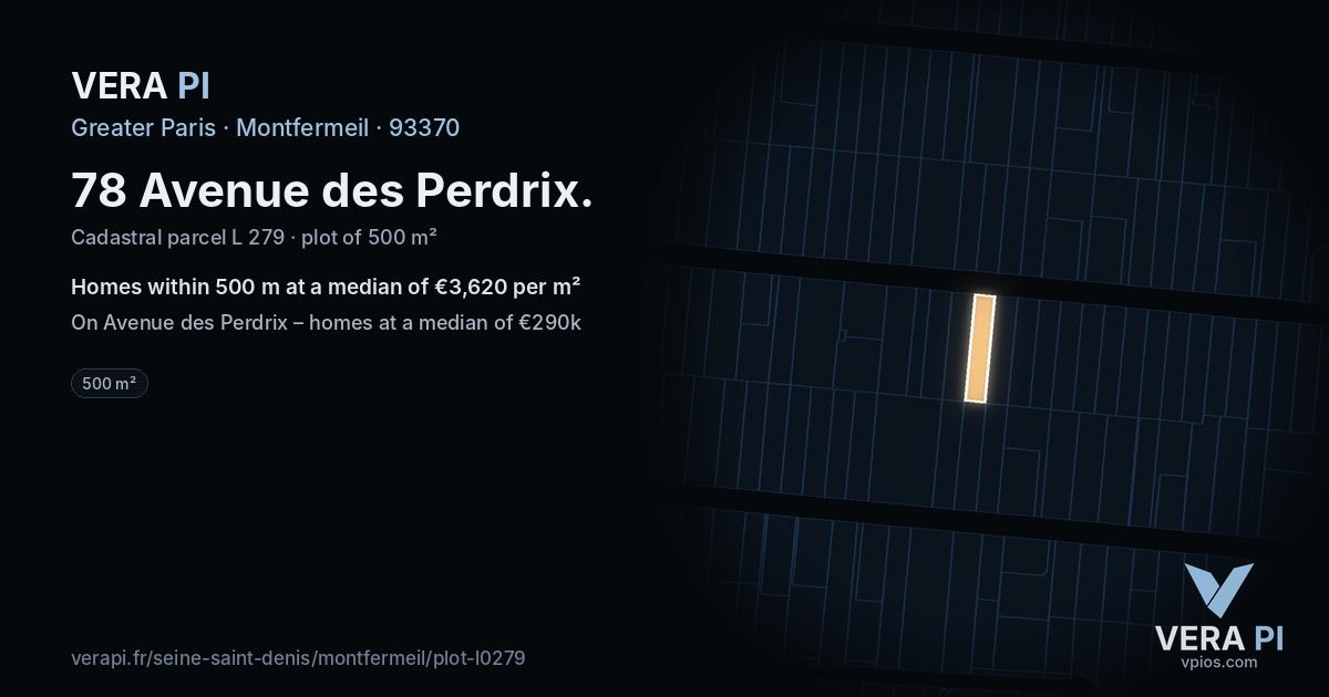 78 Avenue des Perdrix, Montfermeil at night – the plot lit, the parcels around coloured by the prices near them