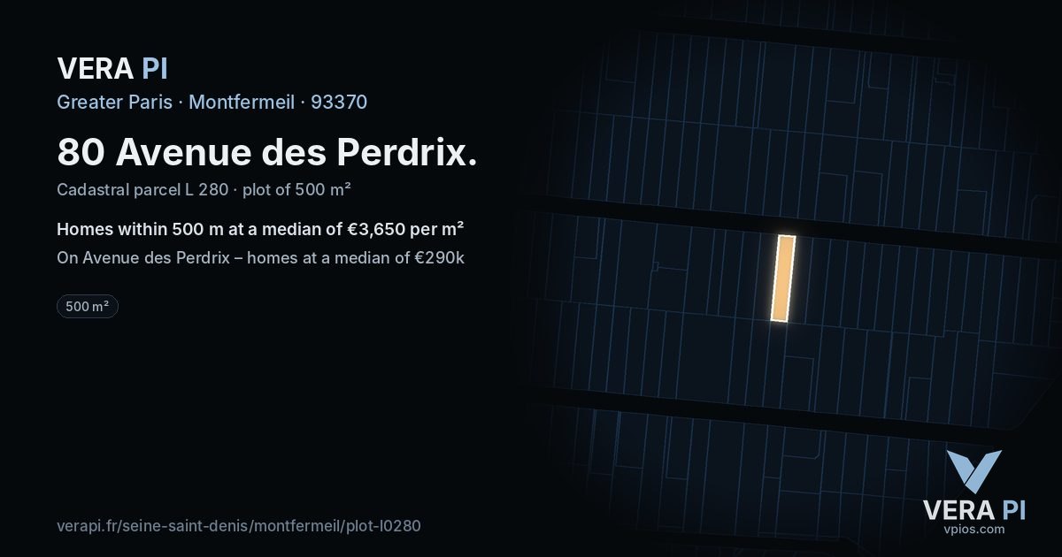 80 Avenue des Perdrix, Montfermeil at night – the plot lit, the parcels around coloured by the prices near them