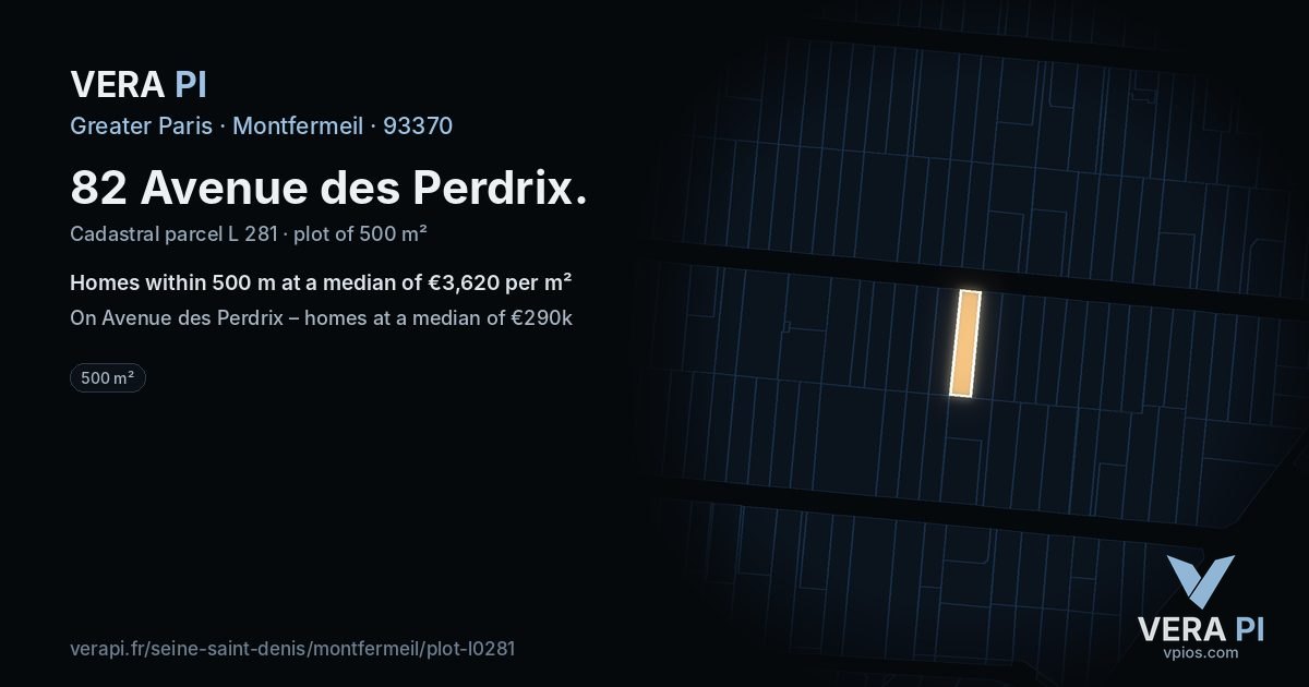 82 Avenue des Perdrix, Montfermeil at night – the plot lit, the parcels around coloured by the prices near them