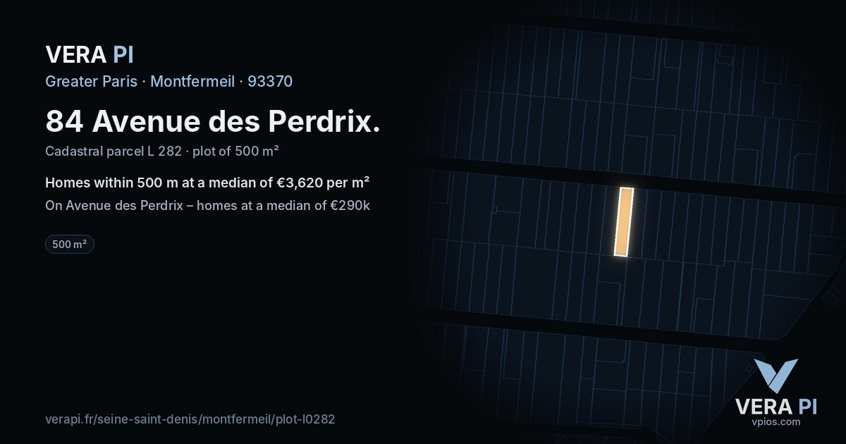 84 Avenue des Perdrix, Montfermeil at night – the plot lit, the parcels around coloured by the prices near them