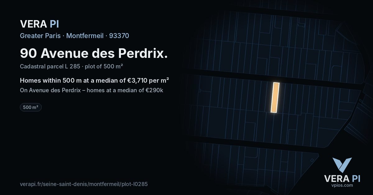 90 Avenue des Perdrix, Montfermeil at night – the plot lit, the parcels around coloured by the prices near them