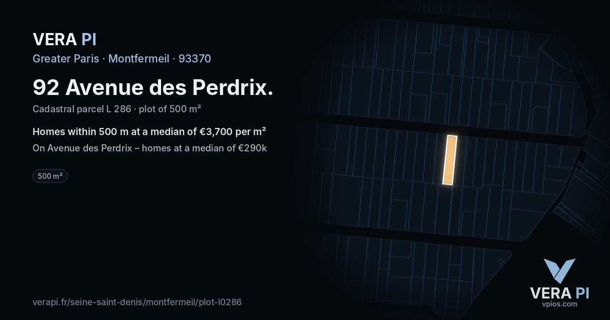 92 Avenue des Perdrix, Montfermeil at night – the plot lit, the parcels around coloured by the prices near them