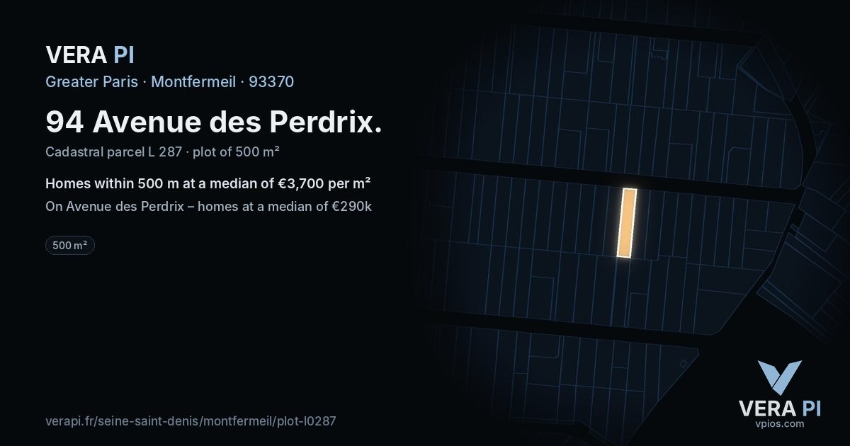 94 Avenue des Perdrix, Montfermeil at night – the plot lit, the parcels around coloured by the prices near them