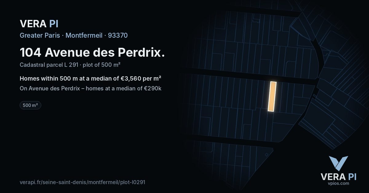 104 Avenue des Perdrix, Montfermeil at night – the plot lit, the parcels around coloured by the prices near them