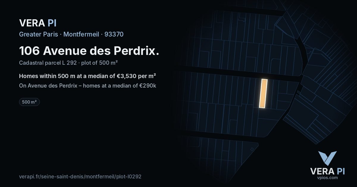 106 Avenue des Perdrix, Montfermeil at night – the plot lit, the parcels around coloured by the prices near them