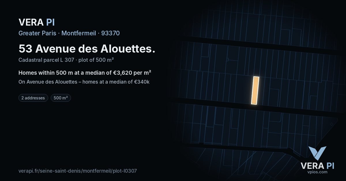 53 Avenue des Alouettes, Montfermeil at night – the plot lit, the parcels around coloured by the prices near them
