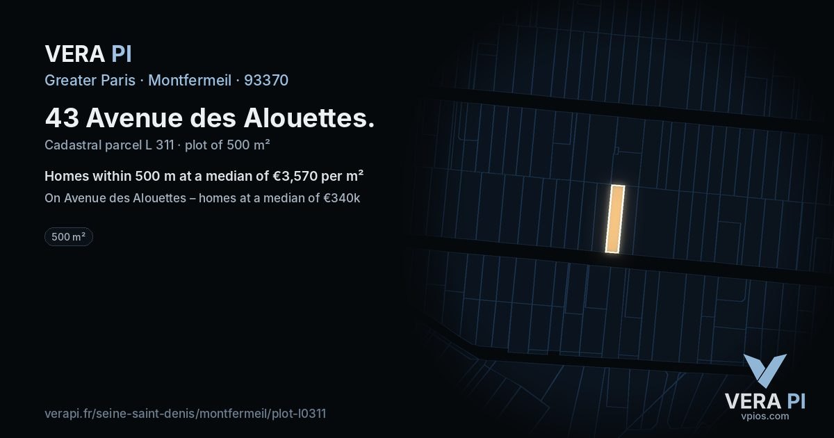 43 Avenue des Alouettes, Montfermeil at night – the plot lit, the parcels around coloured by the prices near them