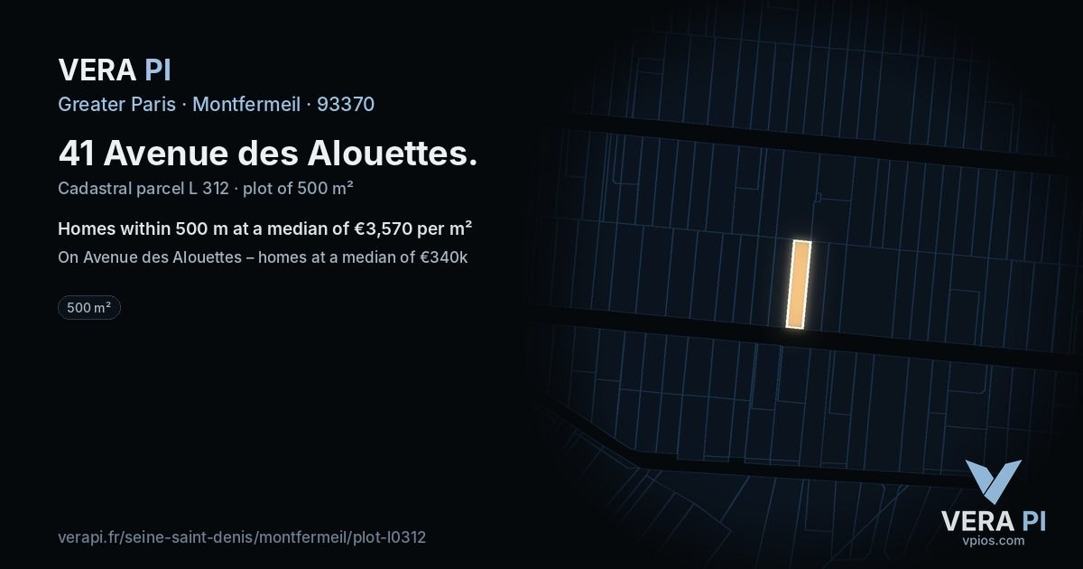 41 Avenue des Alouettes, Montfermeil at night – the plot lit, the parcels around coloured by the prices near them