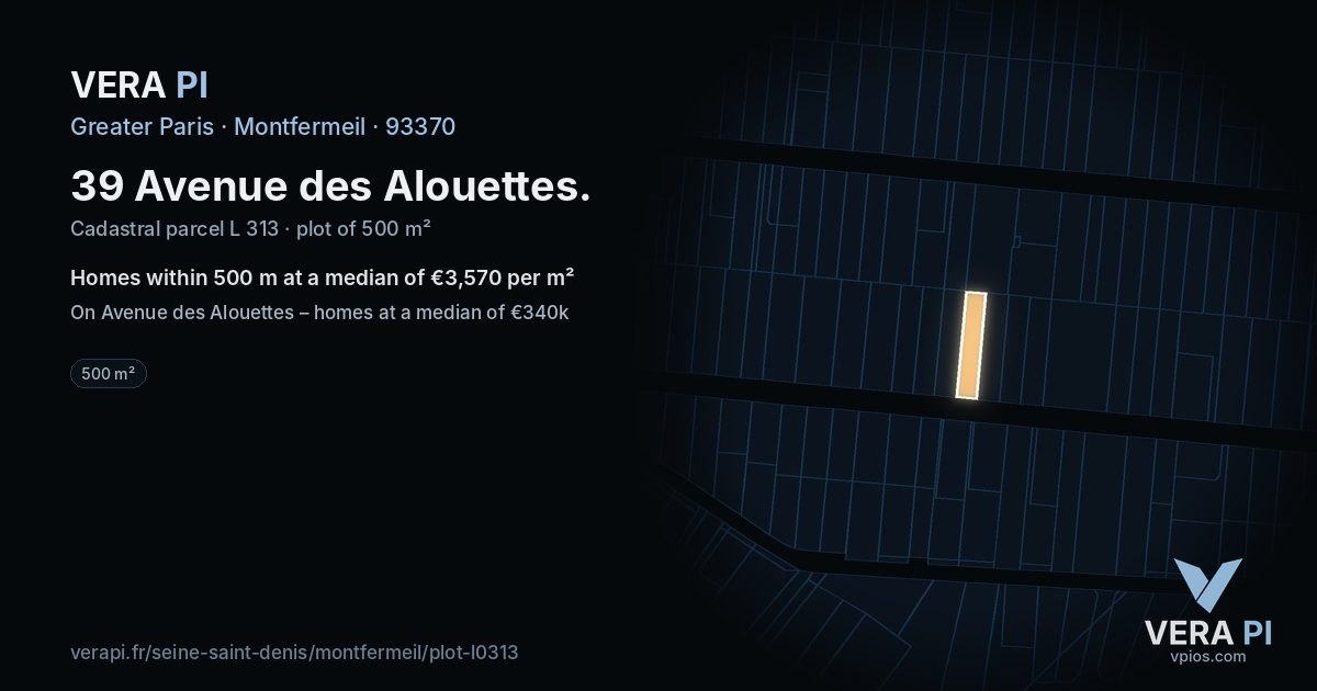 39 Avenue des Alouettes, Montfermeil at night – the plot lit, the parcels around coloured by the prices near them
