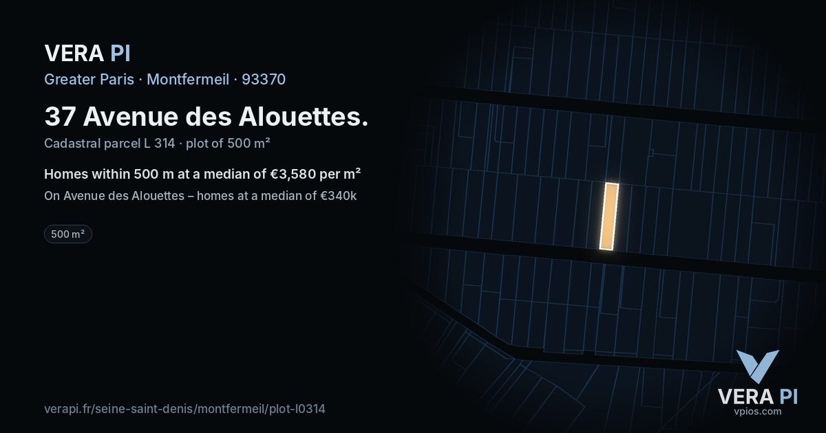 37 Avenue des Alouettes, Montfermeil at night – the plot lit, the parcels around coloured by the prices near them