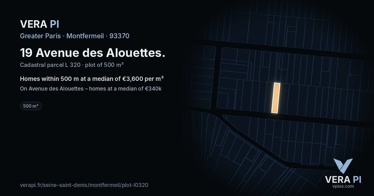 19 Avenue des Alouettes, Montfermeil at night – the plot lit, the parcels around coloured by the prices near them
