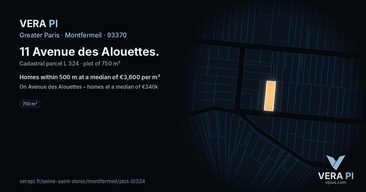 11 Avenue des Alouettes, Montfermeil at night – the plot lit, the parcels around coloured by the prices near them