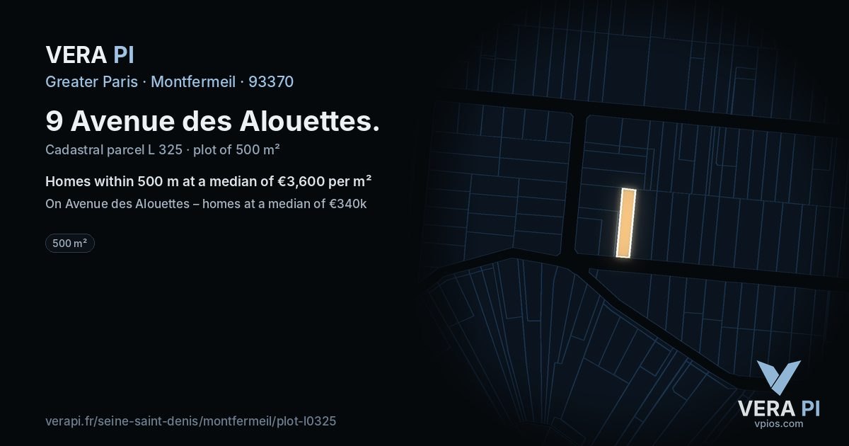 9 Avenue des Alouettes, Montfermeil at night – the plot lit, the parcels around coloured by the prices near them