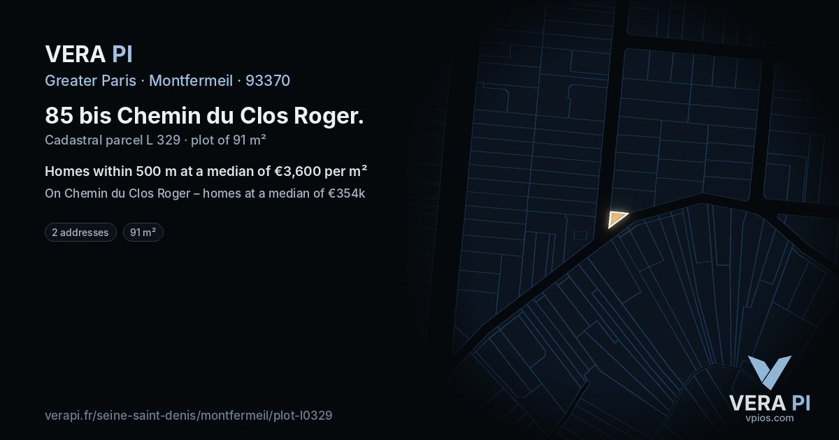 85 bis Chemin du Clos Roger, Montfermeil at night – the plot lit, the parcels around coloured by the prices near them