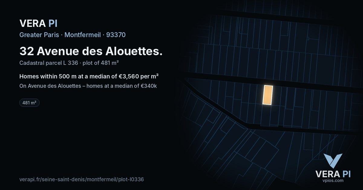 32 Avenue des Alouettes, Montfermeil at night – the plot lit, the parcels around coloured by the prices near them