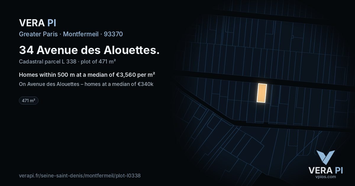 34 Avenue des Alouettes, Montfermeil at night – the plot lit, the parcels around coloured by the prices near them