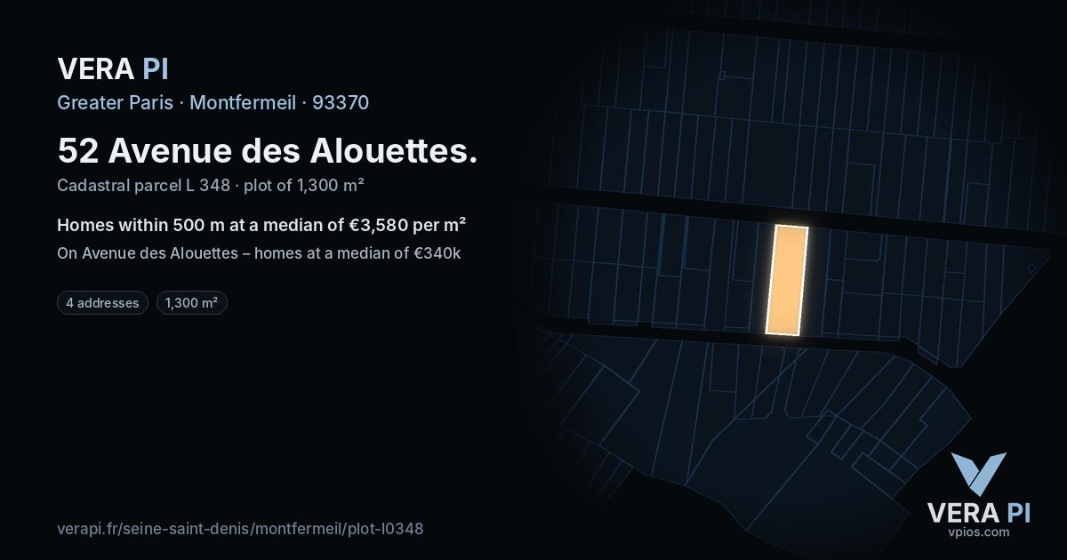 52 Avenue des Alouettes, Montfermeil at night – the plot lit, the parcels around coloured by the prices near them