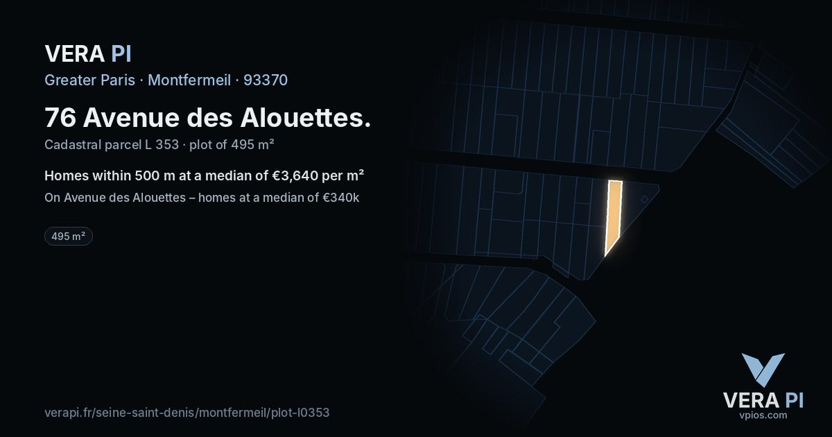 76 Avenue des Alouettes, Montfermeil at night – the plot lit, the parcels around coloured by the prices near them