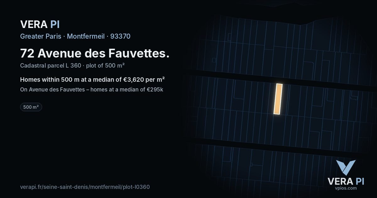 72 Avenue des Fauvettes, Montfermeil at night – the plot lit, the parcels around coloured by the prices near them
