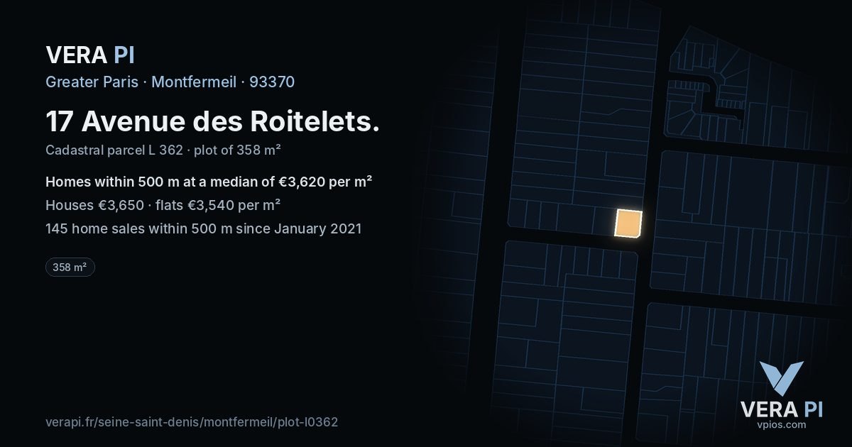 17 Avenue des Roitelets, Montfermeil at night – the plot lit, the parcels around coloured by the prices near them