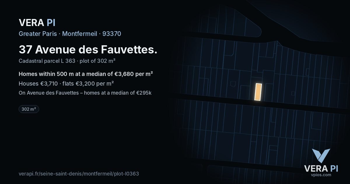 37 Avenue des Fauvettes, Montfermeil at night – the plot lit, the parcels around coloured by the prices near them