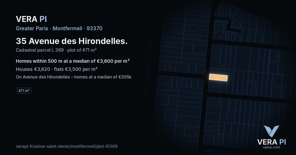 35 Avenue des Hirondelles, Montfermeil at night – the plot lit, the parcels around coloured by the prices near them