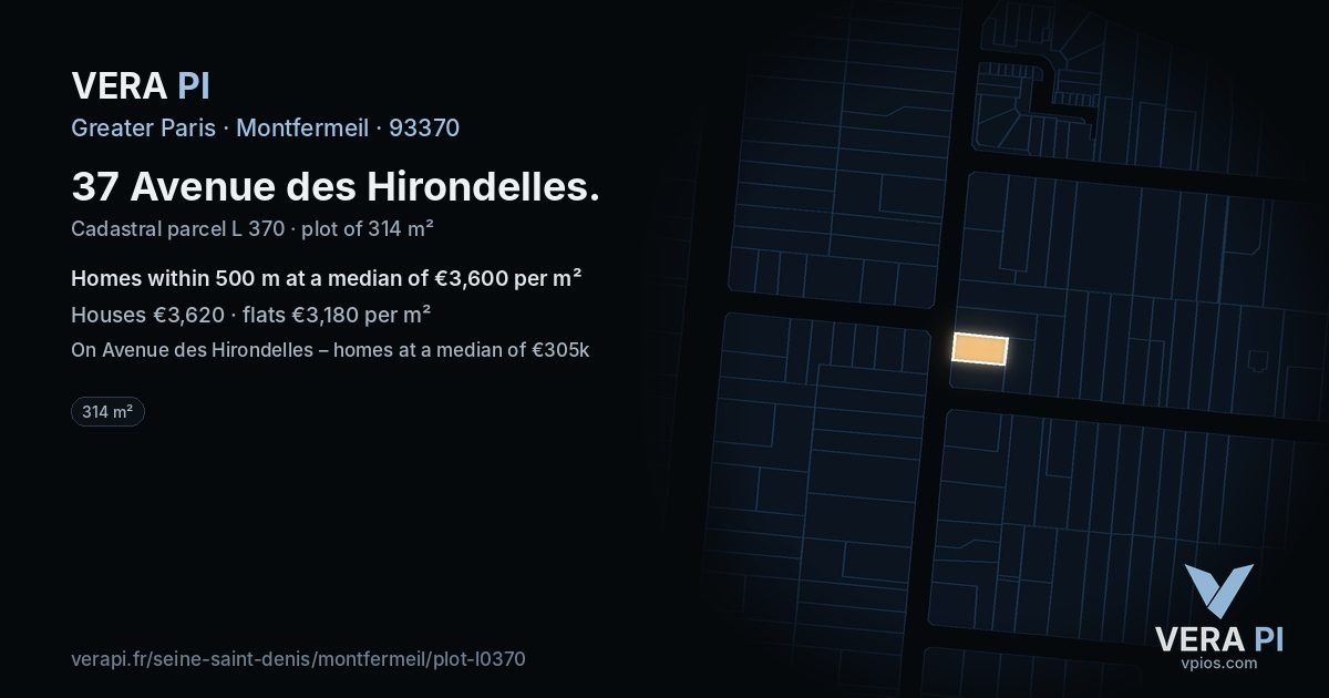 37 Avenue des Hirondelles, Montfermeil at night – the plot lit, the parcels around coloured by the prices near them