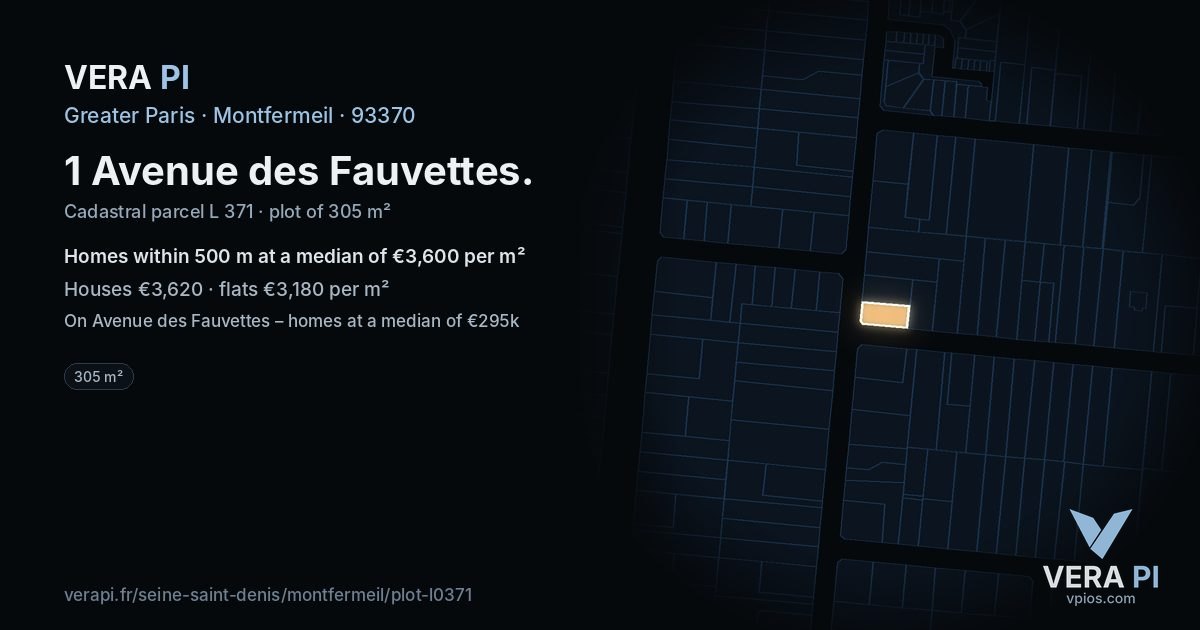 1 Avenue des Fauvettes, Montfermeil at night – the plot lit, the parcels around coloured by the prices near them