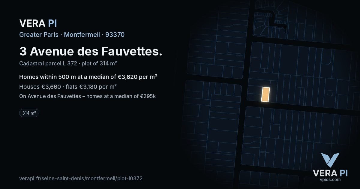 3 Avenue des Fauvettes, Montfermeil at night – the plot lit, the parcels around coloured by the prices near them