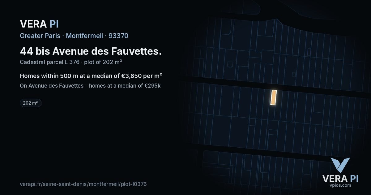 44 bis Avenue des Fauvettes, Montfermeil at night – the plot lit, the parcels around coloured by the prices near them