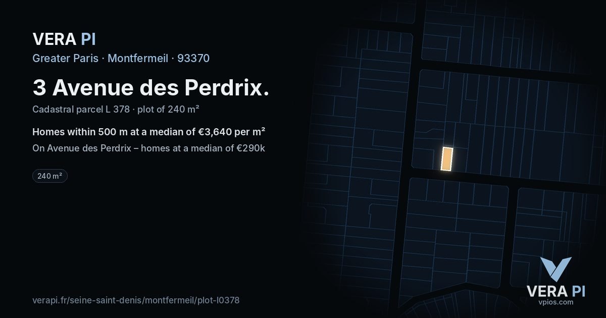 3 Avenue des Perdrix, Montfermeil at night – the plot lit, the parcels around coloured by the prices near them