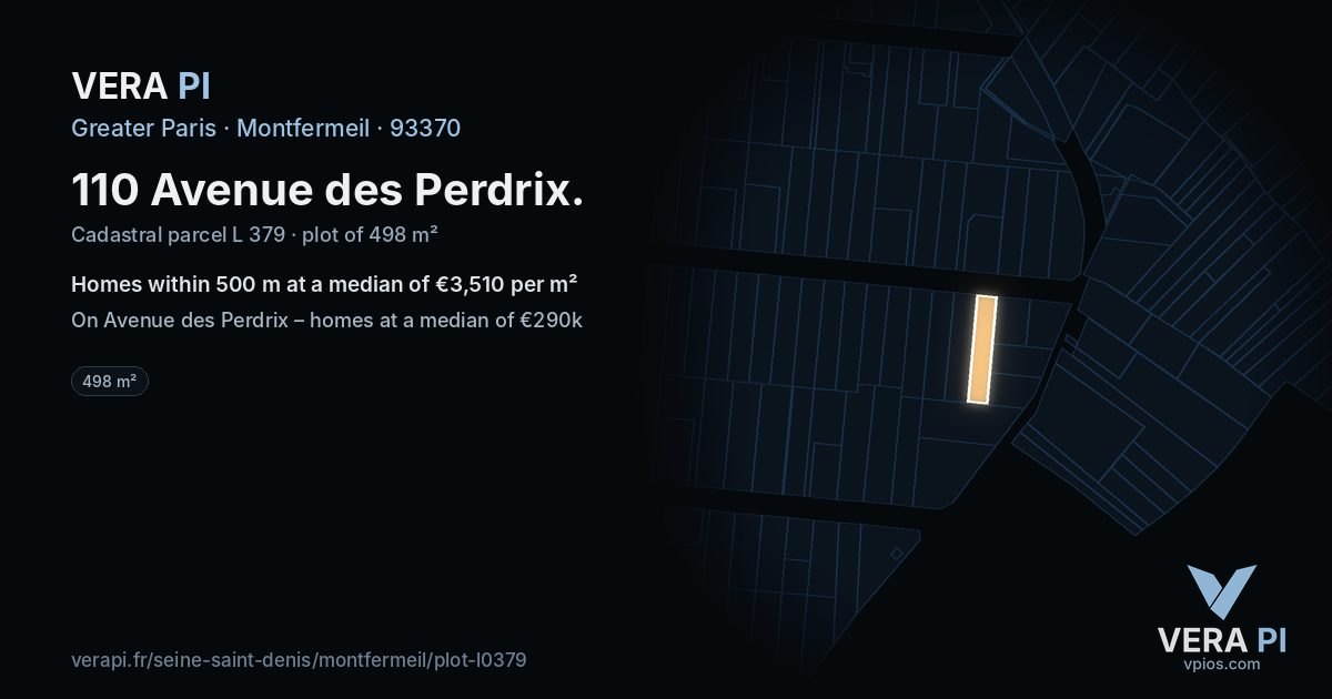110 Avenue des Perdrix, Montfermeil at night – the plot lit, the parcels around coloured by the prices near them