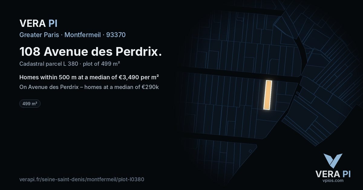 108 Avenue des Perdrix, Montfermeil at night – the plot lit, the parcels around coloured by the prices near them