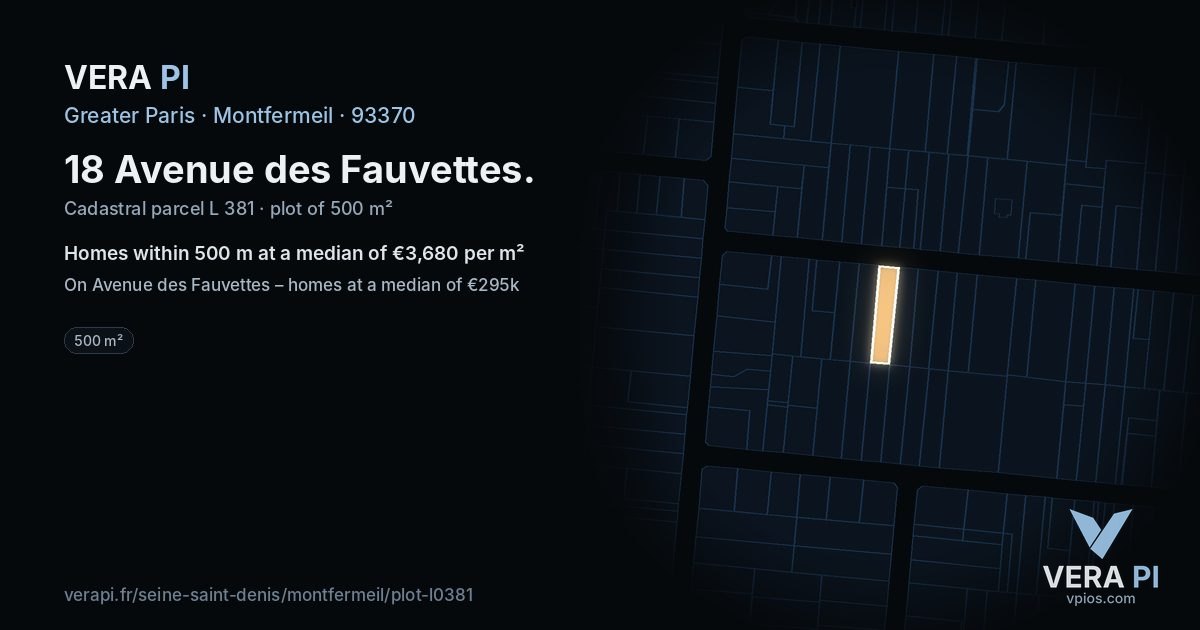 18 Avenue des Fauvettes, Montfermeil at night – the plot lit, the parcels around coloured by the prices near them