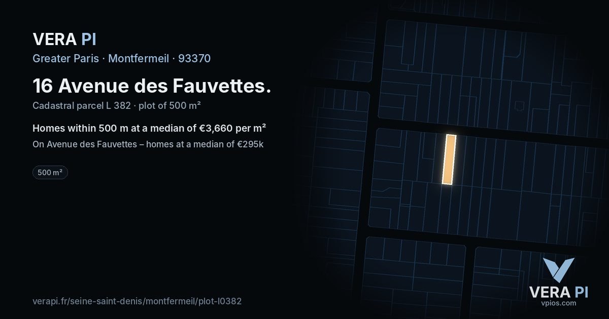 16 Avenue des Fauvettes, Montfermeil at night – the plot lit, the parcels around coloured by the prices near them