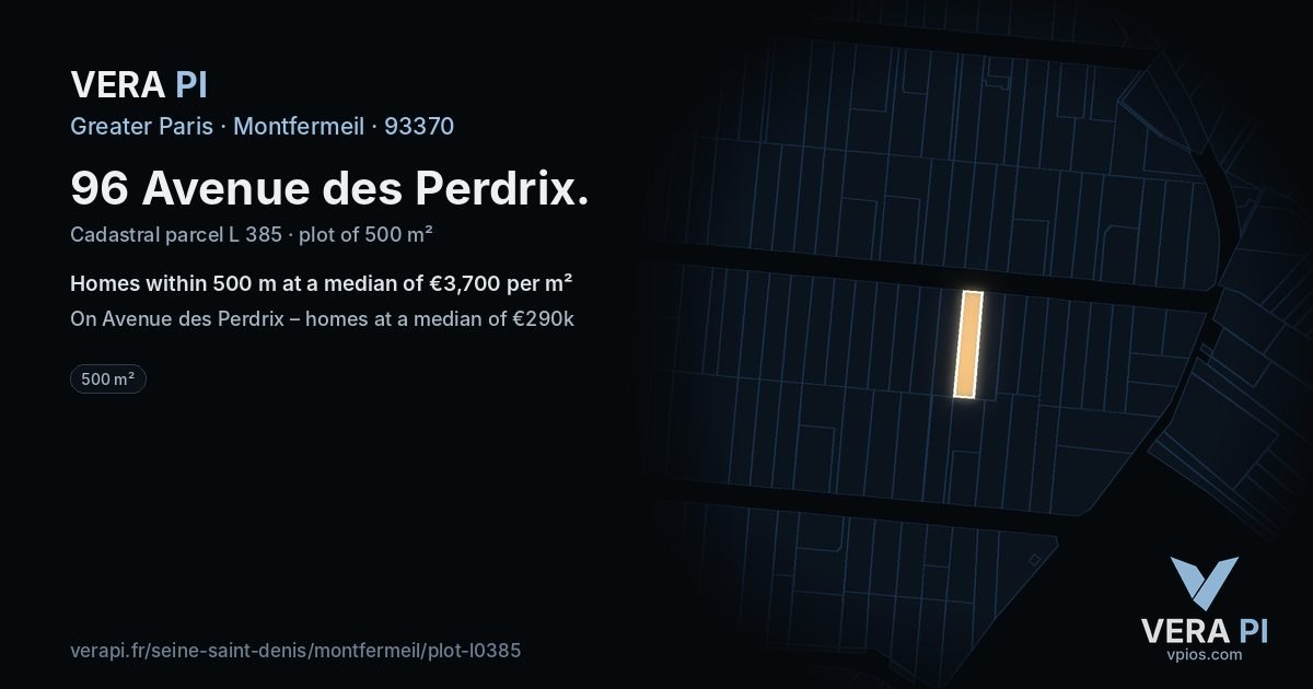 96 Avenue des Perdrix, Montfermeil at night – the plot lit, the parcels around coloured by the prices near them