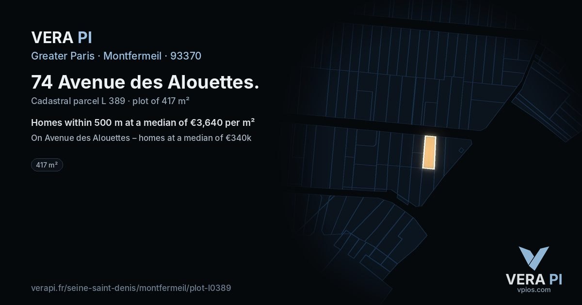 74 Avenue des Alouettes, Montfermeil at night – the plot lit, the parcels around coloured by the prices near them