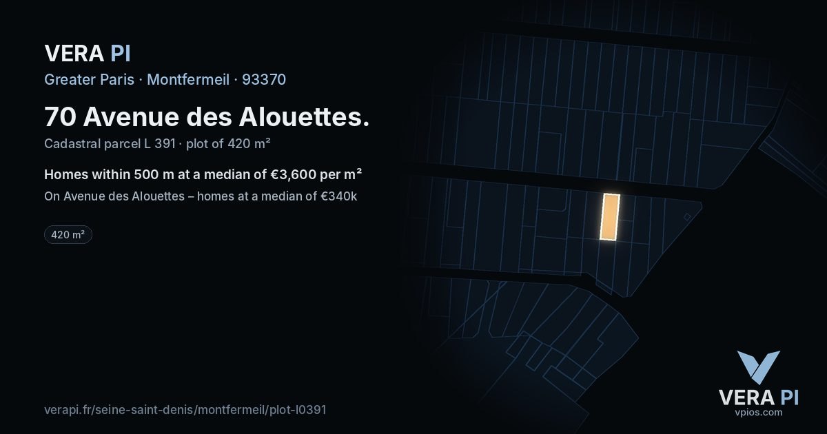 70 Avenue des Alouettes, Montfermeil at night – the plot lit, the parcels around coloured by the prices near them