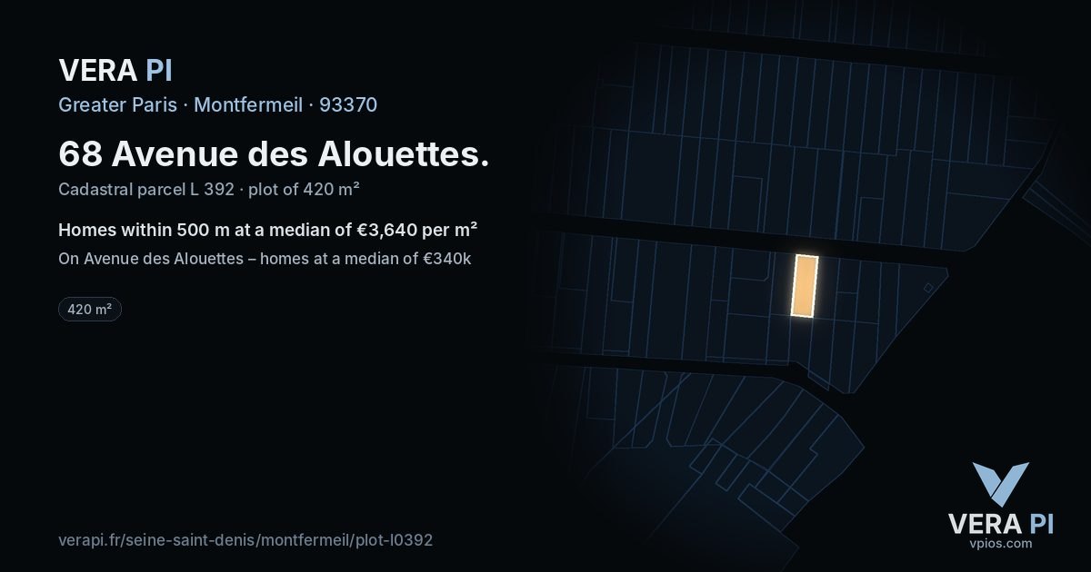 68 Avenue des Alouettes, Montfermeil at night – the plot lit, the parcels around coloured by the prices near them